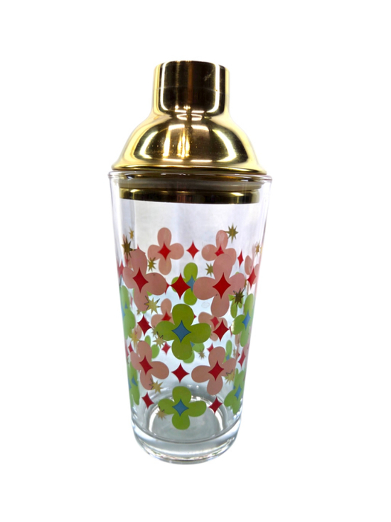 Unbranded Other - Retro MCM Style Floral Glass Cocktail Shaker Gold Metal Lid Colorful